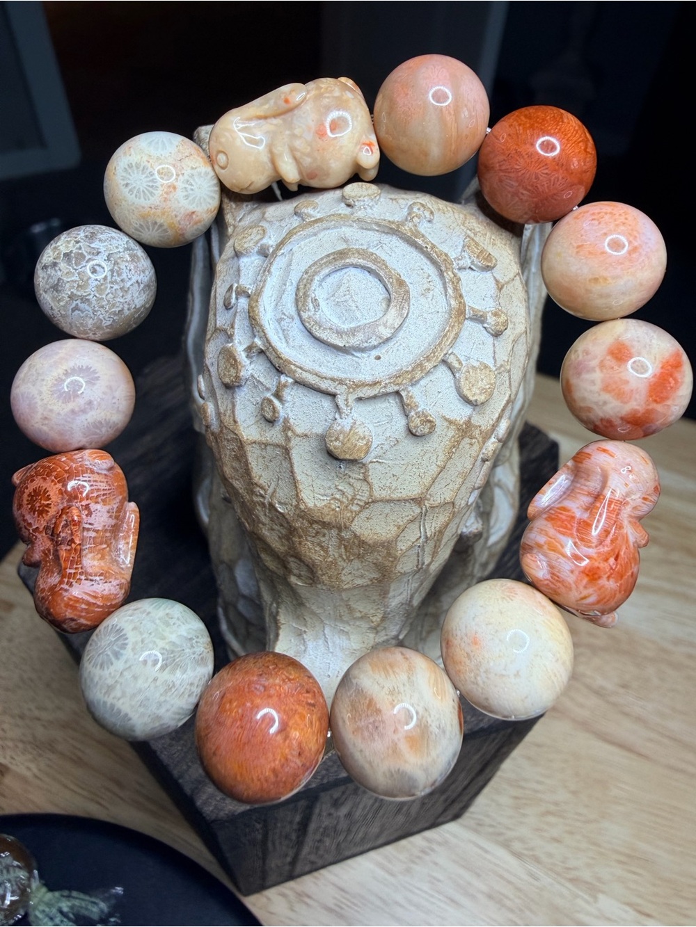 Coral Jade 13mm with 3 Coral Jade bunnies